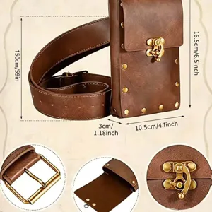 Vintage brown steampunk medieval belt pouch set for renaissance cosplay with dimensions