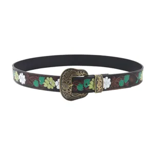 Bohemian vintage style women's leather belt with floral patterns and carved buckle