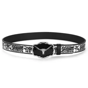 Retro Western cowboy belt with embossed bull head and floral pattern motifs on black