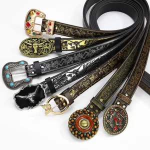 Western Cowboy Belt Vintage Embossed PU Leather Belt For Women Men Retro Punk Style Large Alloy Buckle Waistband For Jeans