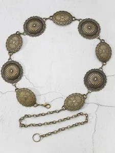Cintura concho vintage in bronzo con medaglioni incisi e catena a maglie regolabile