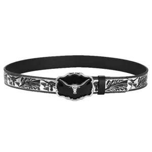 Western cowboy embossed leather belt with ornate bull head buckle and retro floral patterns
