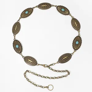 Ceinture chaîne vintage en laiton antique avec des incrustations de turquoise.