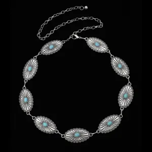 Chaîne de taille vintage bohème en alliage argenté avec pierres de turquoise