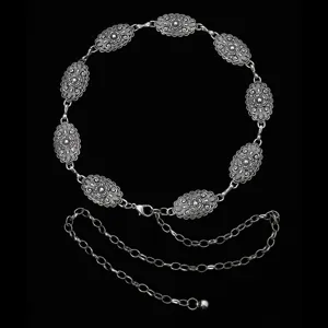 Chaîne de taille vintage en argent avec gravures florales pour femmes style bohème.