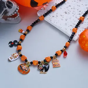 Halloween beaded necklace with pumpkin, cat and skull charms for holiday jewelry gift