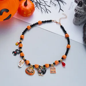 Detailed view of Halloween necklace with pumpkin, skull, and black cat charms on beads.