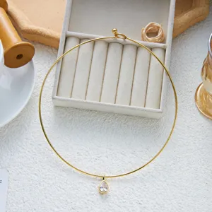 Détail exquis d'un collier ras du cou en acier doré avec pendentif goutte en zircon