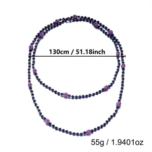 Detailed view of Halloween long beaded necklace featuring purple skull accents and length info