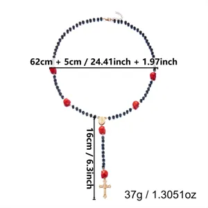 Detail view showing 62cm skull rosary necklace dimensions and 37g weight specification.