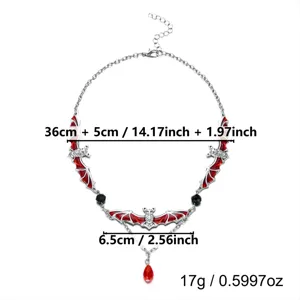 Detailed size guide for this Halloween red bat necklace featuring a teardrop pendant.