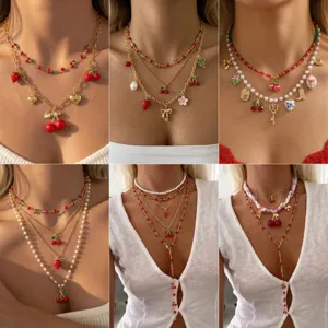 Boho Legierung Künstliche Perle Kirsche Erdbeere Herz Anhänger Halskette Set Damen Süß Frisch Mehrlagiger Schmuck Geschenk