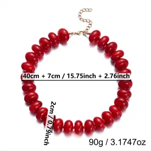 Red resin beaded necklace with measurements showing 40cm length and 2cm bead size