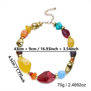Detailed view of colorful marbled resin necklace with irregular beads and dimensions