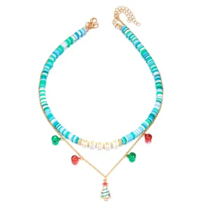 Detailed view of Christmas double-layer necklace with MERRY letter beads and colorful bells