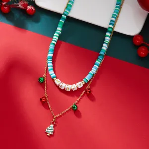 Festive double-layer necklace with Merry beads, colorful clay discs, and a Christmas tree pendant