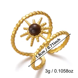 Macro detail of stainless steel tiger eye double layer ring with size and weight info