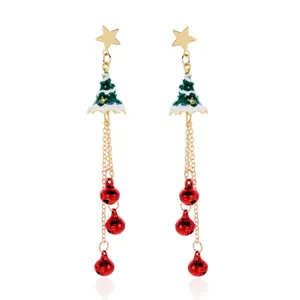 Orecchini a nappa albero di Natale con campanellini rossi e stelle dorate