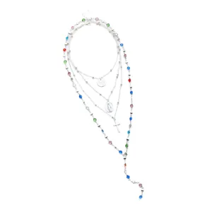 Collier punk argenté à plusieurs rangs avec pendentif croix et strass colorés