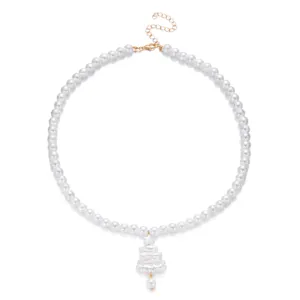 Elegante weiße Perlenkette mit Weihnachtsbaumanhänger im Barockstil für Damenmode