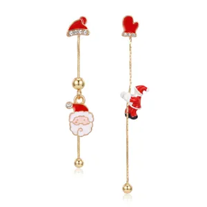 Asymmetrische goldene Weihnachtsohrringe mit Weihnachtsmann und festlichen Anhängern