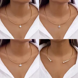 Collier Ras du Cou en Acier Inoxydable Or Mode Européenne pour Femme Pendentif Zirconia Minimaliste Goutte d'Eau Rond Bijoux