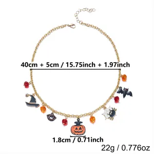 Detailed measurement diagram of a Halloween themed charm necklace with pumpkin and bat.