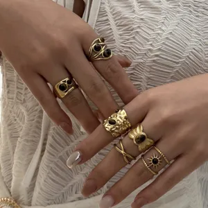 Vintage Maillard style stainless steel rings set with tiger eye stones for women.