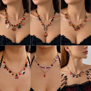 Halloween Pumpkin Spider Skeleton Bat Necklace For Women Funky Gothic Enamel Alloy Pendant Necklace Party Jewelry Accessories