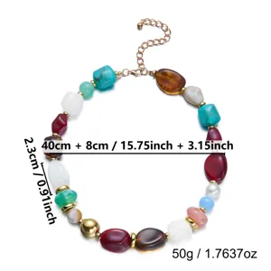 Detailed product view of a colorful resin beaded necklace with dimension labels