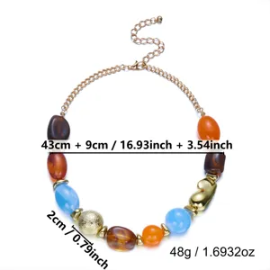 Colorful marbled resin bead necklace with gold-tone chain, 43+9cm adjustable length, 48g