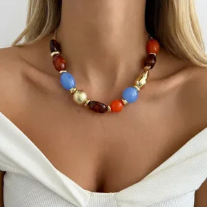 Bold colorful chunky resin beaded necklace with irregular gold accents for women jewelry