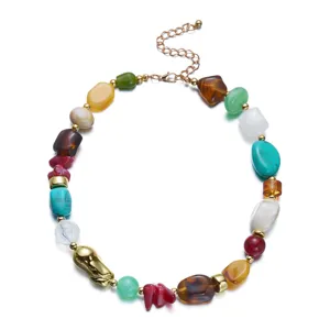 Colorful irregular resin beaded necklace with gold chain for women's jewelry collection