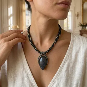 Λεπτομερής όψη του boho vintage κολιέ με πολύτιμο λίθο δάκρυ και πλεκτό κορδόνι