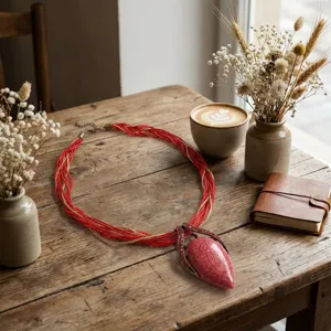 Λεπτομερής όψη boho κολιέ με κόκκινες χάντρες και μεγάλο ροζ πέτρινο μενταγιόν σταγόνα