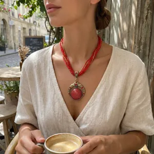 Collana boho multifilo con perline e ciondolo in pietra rossa indossata al caffè