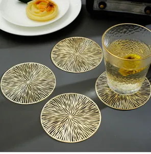 Gold hollow round PVC coaster, heat-resistant retro table mat for coffee, tea and wine.