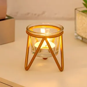 Modern gold metal and glass tealight candle holder for home decor and wedding party table centerpiece