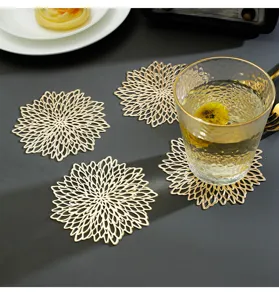 Sous-verre PVC fleur creuse dorée tapis de tasse isolant thermique pour table de thé