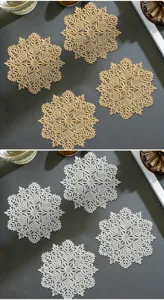 Vue détaillée des dessous-de-verre PVC flocon de neige creux en or et argent, tapis isolants.