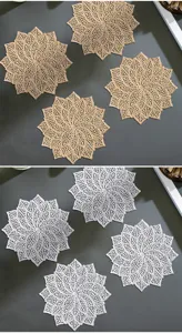Hollow floral round PVC coaster set, heat-insulating table mats for coffee and wine cups.