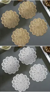 Detail view of hollow flower round PVC coasters, featuring heat-insulation design for daily use.
