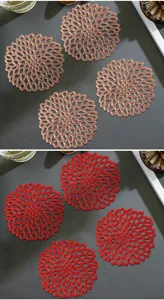 Hollow flower round PVC coaster heat insulation table mat set for coffee and tea cups.