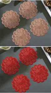 Detailed view of hollow flower round PVC coasters set, heat insulation anti-scald mat for cup.