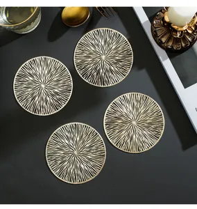 Round gold PVC coaster hollow heat resistant mat for table dining home decor stylish drink cup.