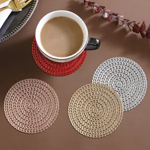 Round PVC hollow coffee cup mat heat-resistant placemat golden wheat ear design 4pcs
