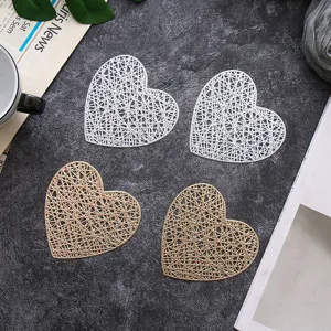 PVC hollow heart shaped coasters gold and white heat insulation coffee cup mats set of four