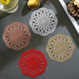 Sous-verre rond en PVC avec motif floral creux, tapis isolant thermique pour table de thé.
