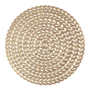 Gold round PVC hollow coaster, heat-resistant table mat with elegant wheat ear pattern.