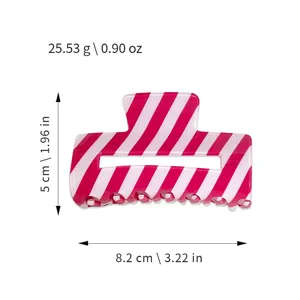 Pinza per capelli a righe rosa e bianche in PVC con misure dettagliate su sfondo bianco